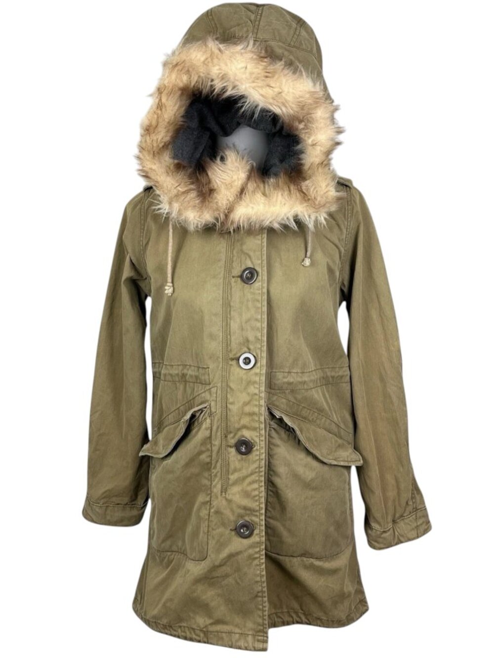 Relwen Parka Jacket Fur Trim Hooded Womens XS Military Army Green Full Zip